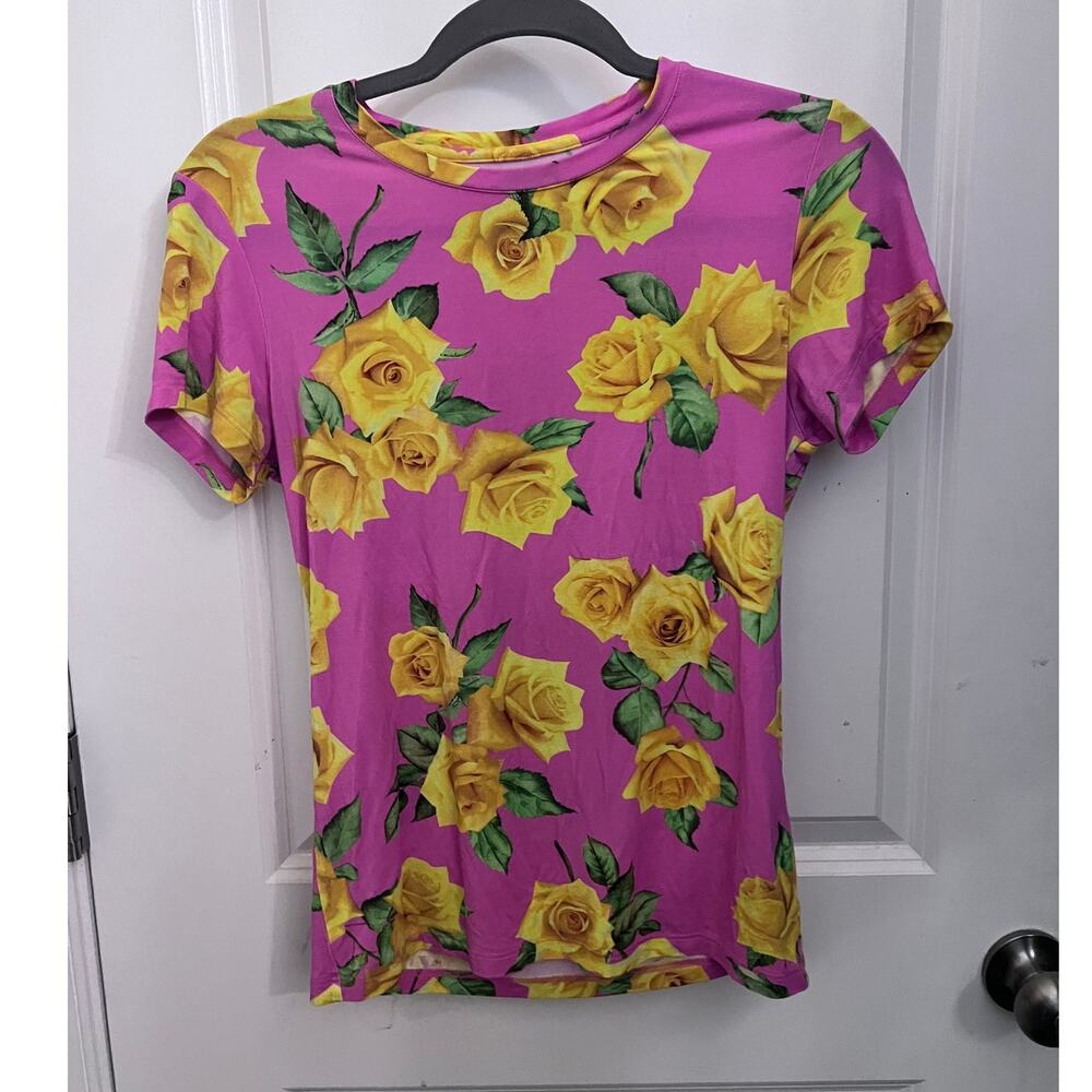 L'Agence Ressi rose jersey t-shirt Shocking Pink Yellow Roses S Petite Romantic